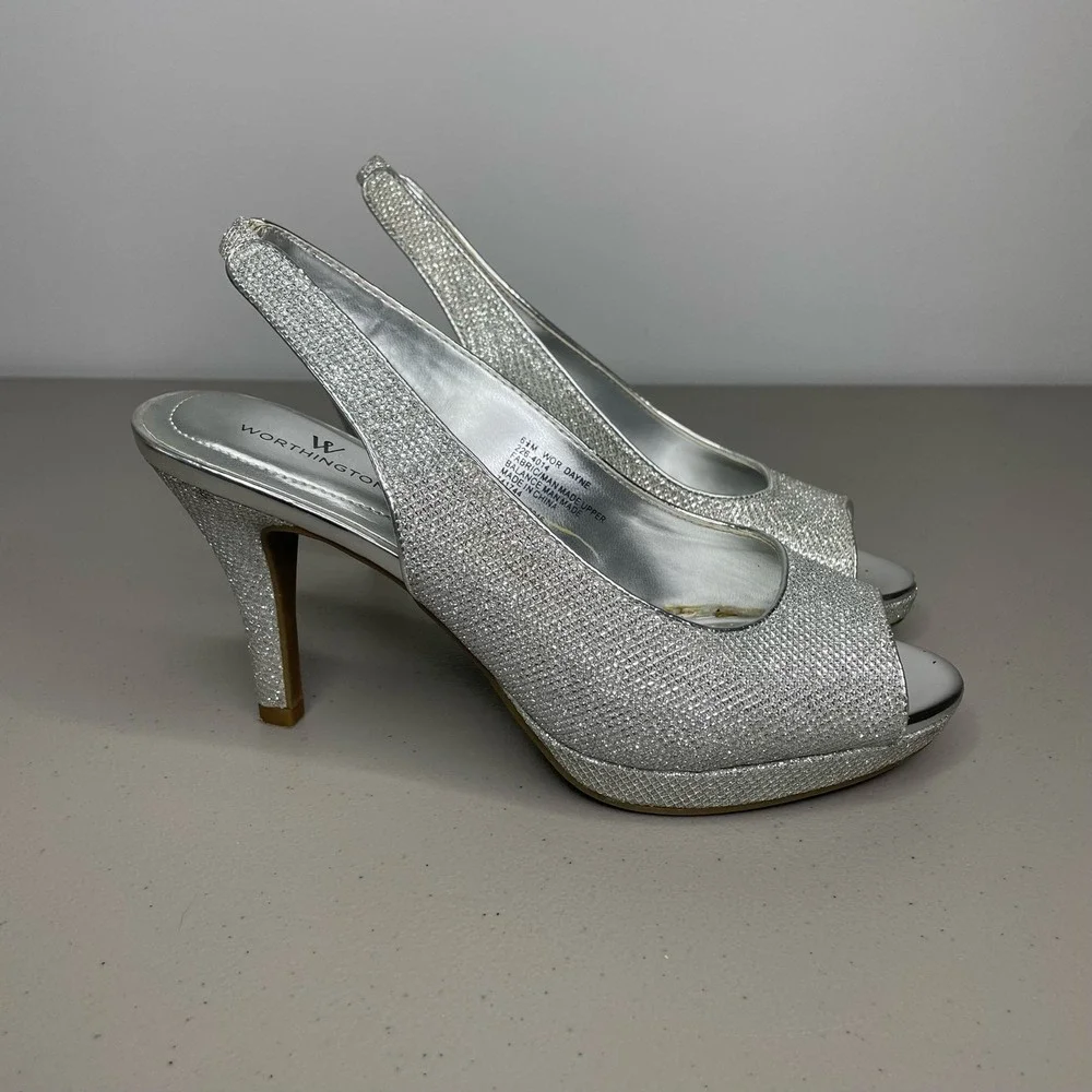 Worthington Pump Heels Slingback‎ Ankle Strap Open Toe Studded Silver Size 6.5